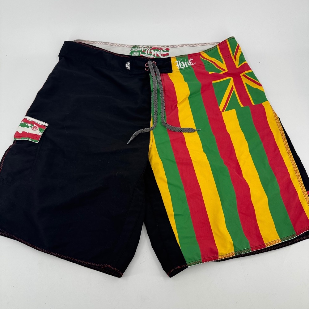 HIC Hawaiian Island Creations Board Shorts Mens 42 Rasta Stripe Hawaii Flag